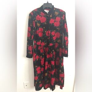 Vintage Talbots Corduroy Midi Dress 8P Black Red Floral Fall Whimsy Cottagecore